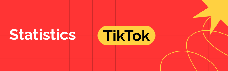The image features the word "Statistics" in white, alongside the TikTok logo in black on a yellow rounded rectangle, set against a red grid background with a yellow star graphic.