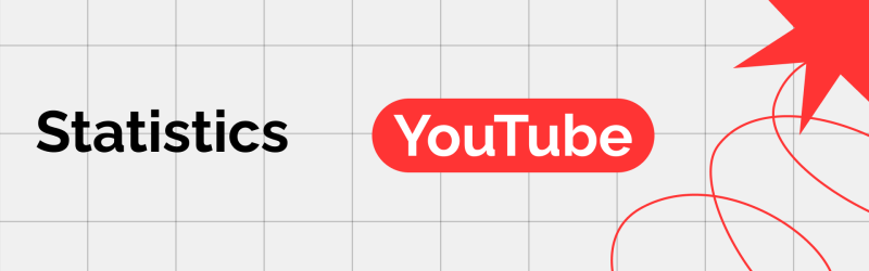 The image shows the word "Statistics" in bold black font, next to the YouTube logo in a red rounded rectangle, with red abstract lines and shapes on a grid background.