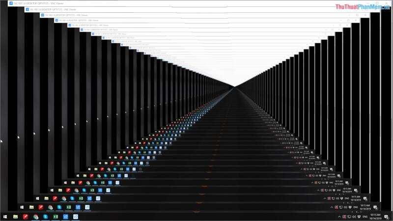 The image shows a computer screen with multiple windows open in a repeating pattern, creating a tunnel-like effect, and the taskbar at the bottom displays the time as 10:15 AM on 10/14/2019.