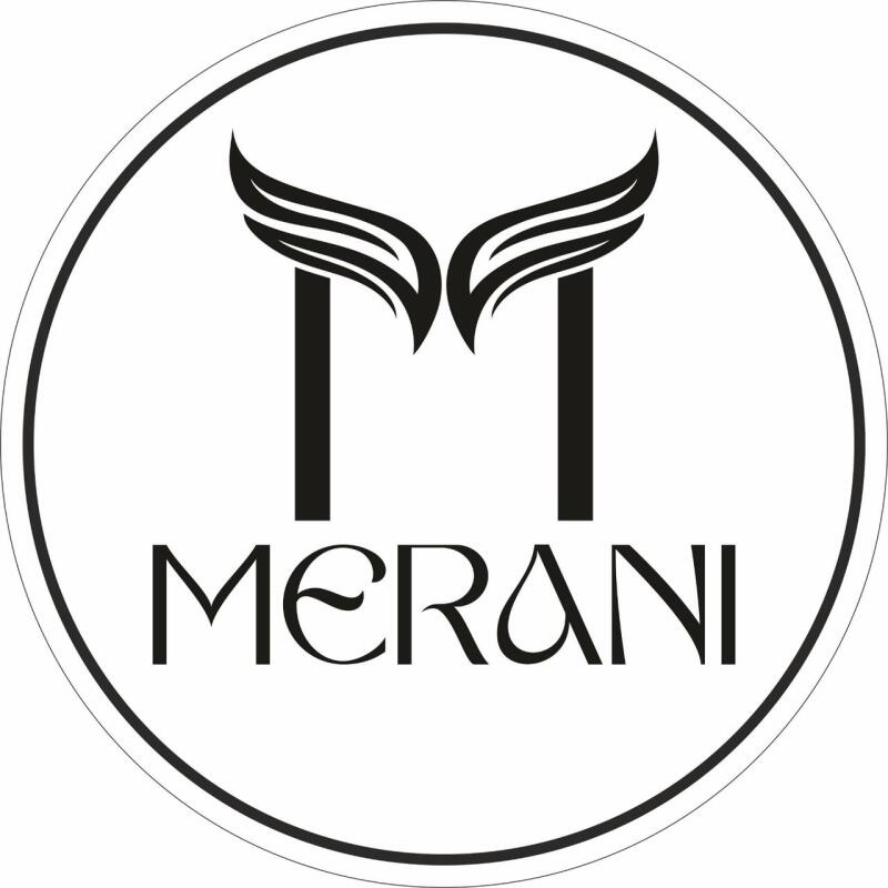 The logo features a stylized black "M" formed by two vertical bars topped with wing-like shapes, above the word "MERANI" in a serif font, all within a black circle.