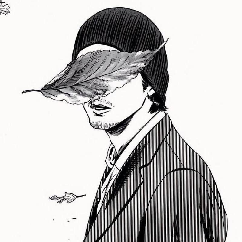 A black and white drawing shows a man wearing a beanie and a suit, with a large leaf covering his eyes.