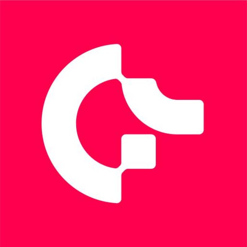 A white stylized letter 'G' is set against a pink background.