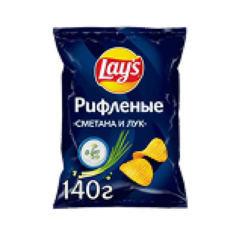 A dark blue bag of Lay's Ruffled chips with sour cream and onion flavor, featuring the Lay's logo, images of sour cream with chives, and chips, with the weight '140g' printed on the lower part of the bag.