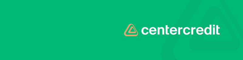 The image displays the CenterCredit logo in white next to an orange triangle icon on a green background with faint triangular patterns.