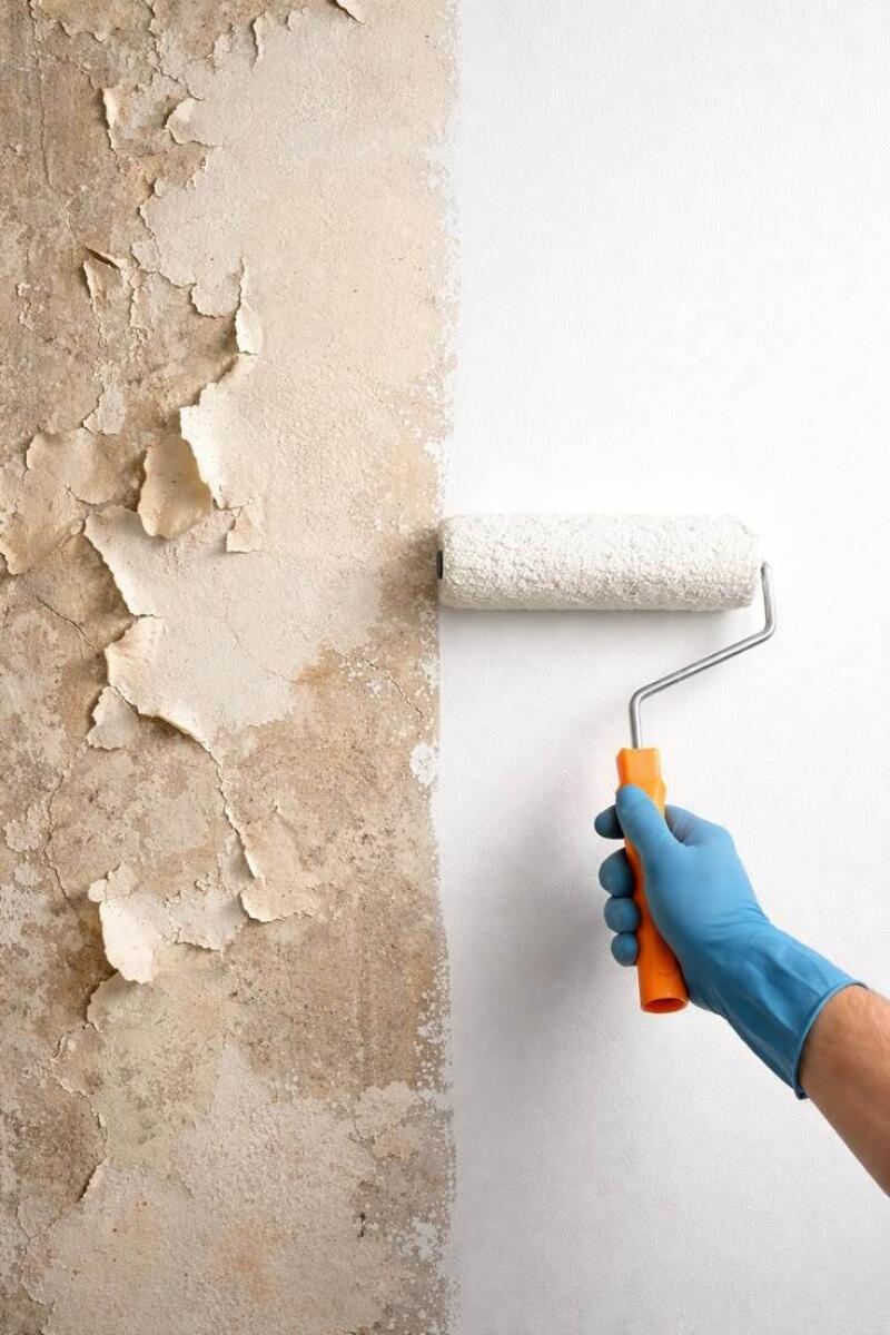 A person in a blue glove uses a paint roller to apply white paint to a wall, half of which is covered in old, peeling paint, and the other half is freshly painted white.