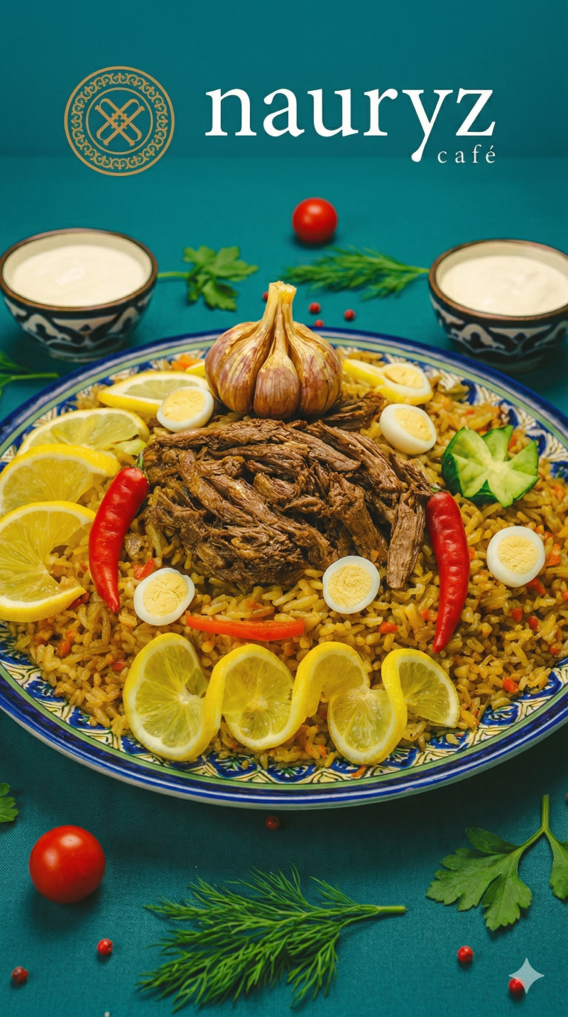 На бирюзовом фоне представлена тарелка плова с мясом, чесноком, яйцами, лимоном и перцами, дополненная двумя мисками с белым соусом, зеленью и помидорами. Вверху виден текст "nauryz café".