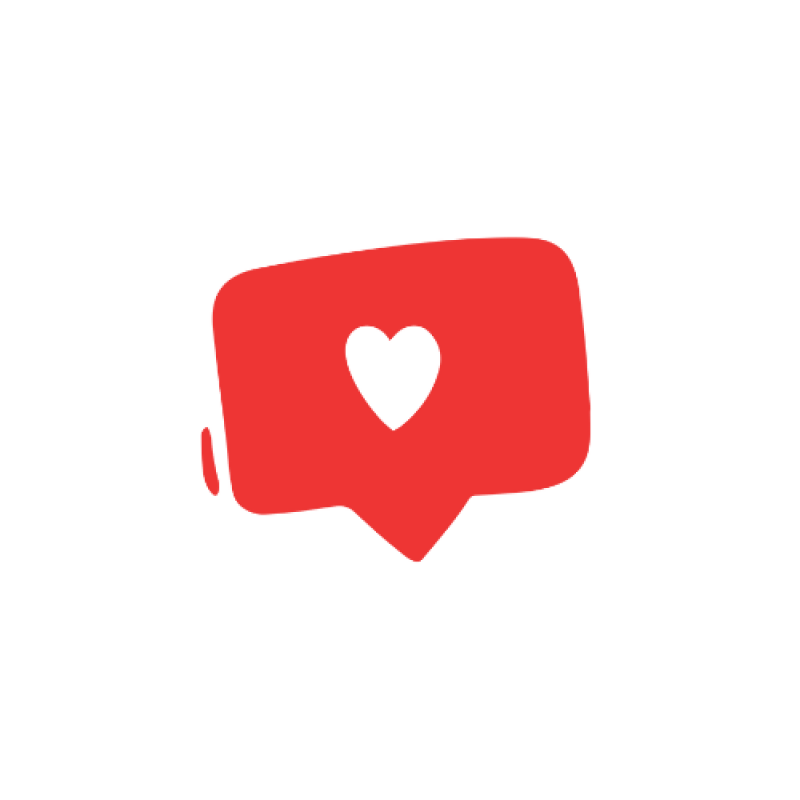 A red speech bubble contains a white heart.
