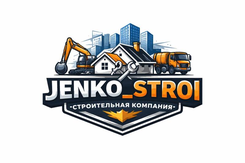 A logo for a construction company featuring an excavator, two houses, a truck, and a city skyline above a banner with the text "JENKO_STROI" and "•СТРОИТЕЛЬНАЯ КОМПАНИЯ•". A wrench icon is placed over the houses, and a golden star is at the bottom of the banner.