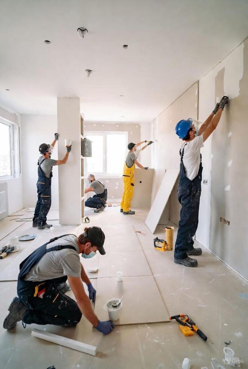 Multiple construction workers wearing protective gear are renovating a room, plastering walls and ceilings, and laying light-colored tiles on the floor.