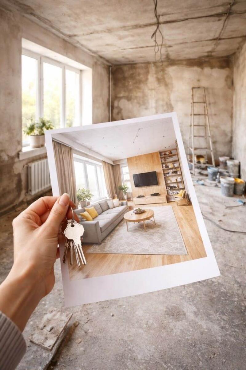 A hand holds a set of keys and a photo showing a modern, furnished living room, superimposed over a raw, unfinished room with concrete walls, floor, and construction equipment.