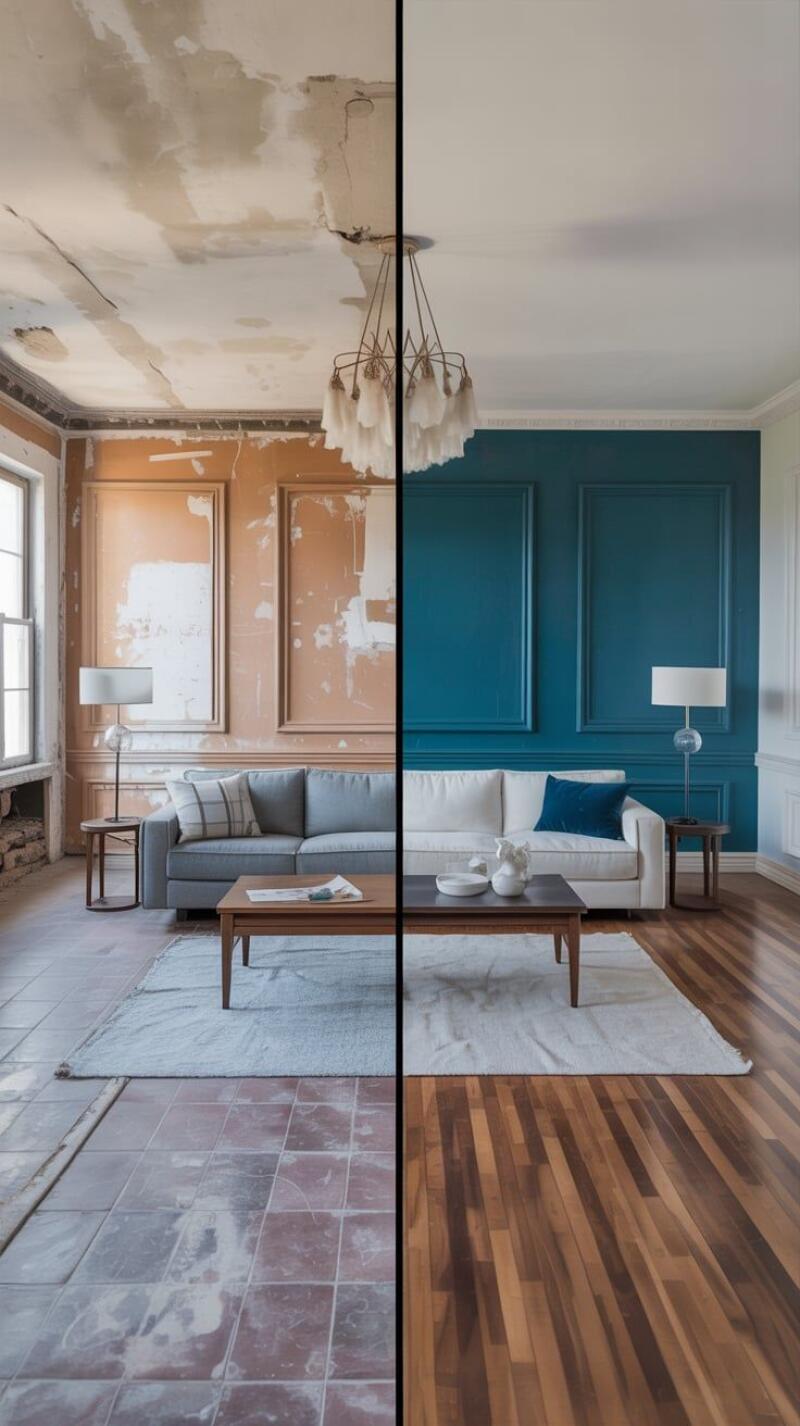 A vertical split image showing a room before and after renovation, with the left side depicting a dilapidated space with cracked ceilings, peeling orange walls, a gray sofa, and tiled floor, contrasted with the right side's refurbished appearance featuring smooth white ceilings, teal paneled walls, a white sofa, and polished wooden floor.