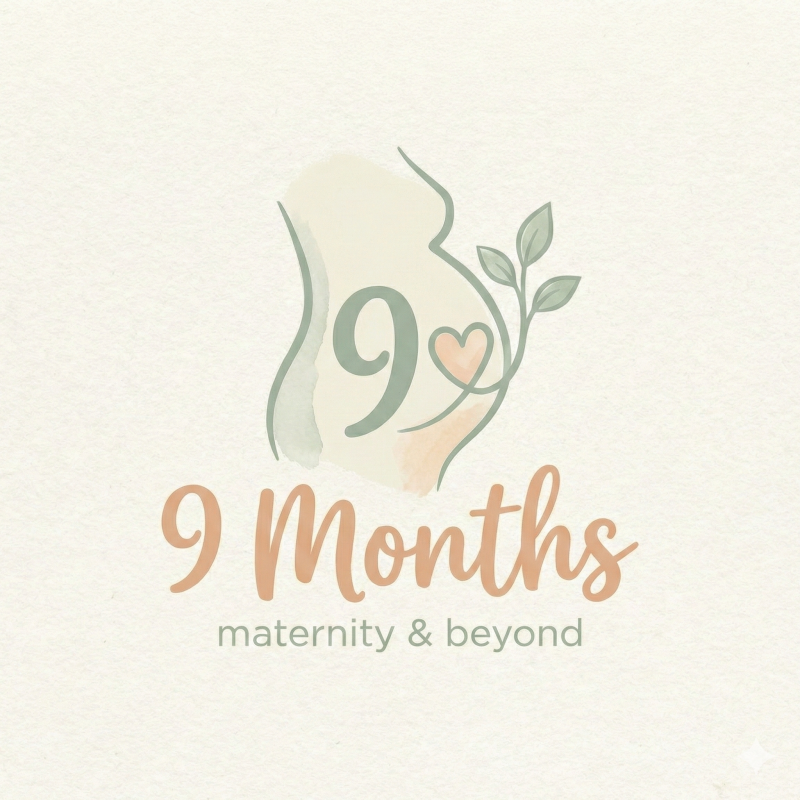 The image features a logo with an abstract watercolor illustration of a pregnant woman's silhouette, incorporating the number '9' and a heart shape, accompanied by the text '9 Months' in a script font and 'maternity & beyond' in smaller letters.