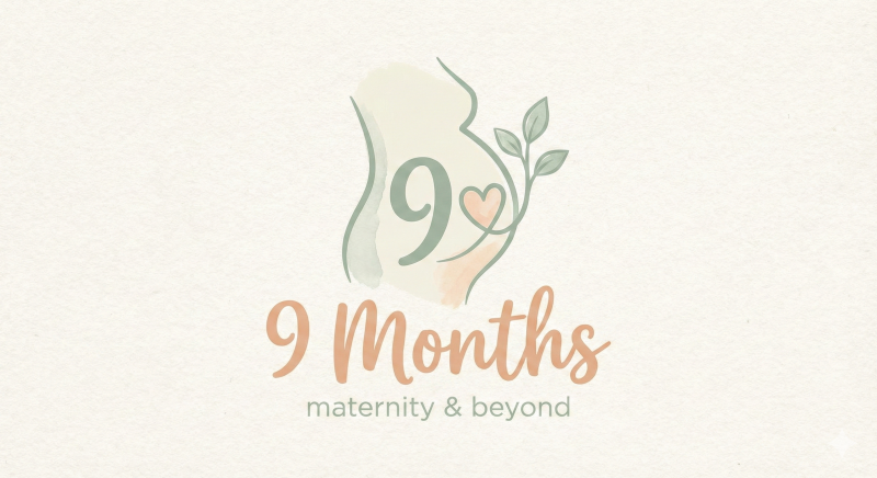 The image features a logo with a stylized pregnant woman's silhouette, a number 9, a heart, and a sprig of leaves, all in muted, pastel colors. Below it, the text "9 Months" is written in a peach-colored script, with "maternity & beyond" in smaller, gray letters beneath.