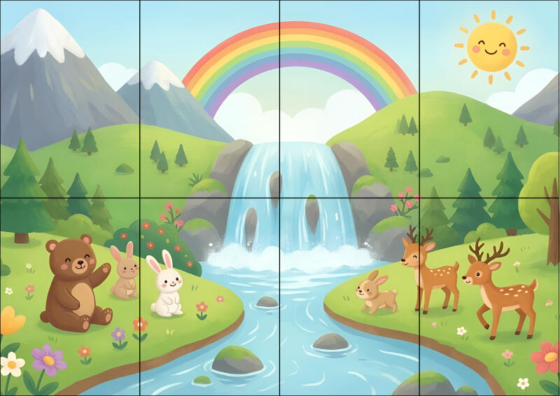 The illustration depicts a cartoon landscape with mountains, a rainbow, and a waterfall, populated by a bear, rabbits, and deer.