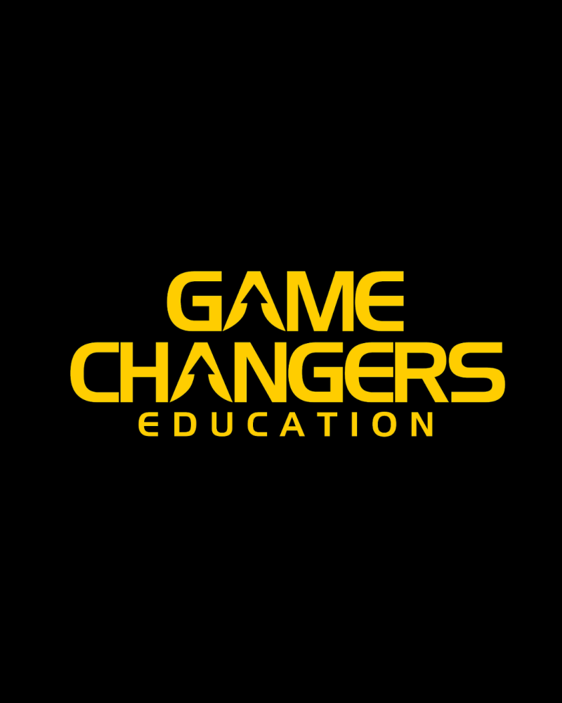 The image features the text "GAME CHANGERS EDUCATION" in yellow on a black background, with the "A" in "GAME" shaped like an upward-pointing arrow.