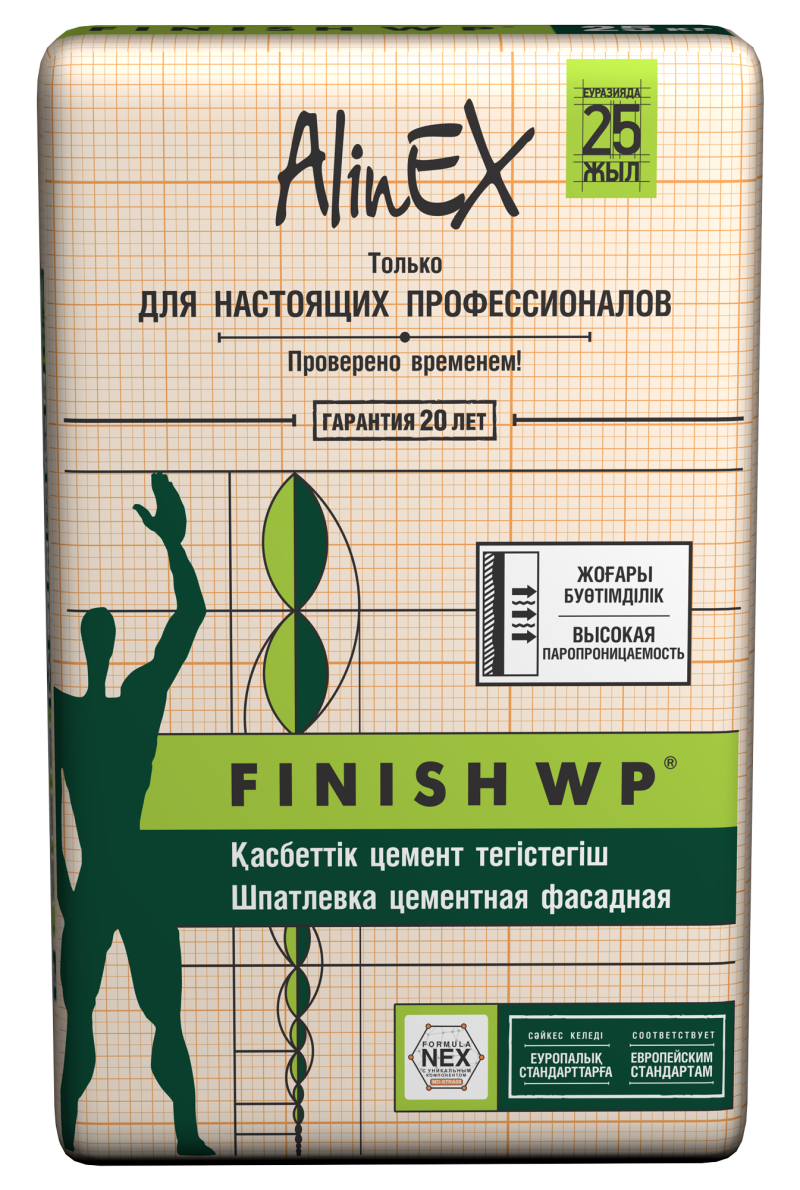Мешок цемента AlinEx Finish WP с зеленым силуэтом человека, геометрическими фигурами и текстом на нескольких языках.
