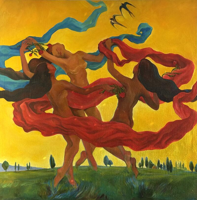 На картине изображены четыре обнаженные женщины, танцующие в кругу, вокруг них развеваются красные и синие ленты, на фоне желтого неба и зеленого пейзажа внизу. В небе летят несколько птиц.