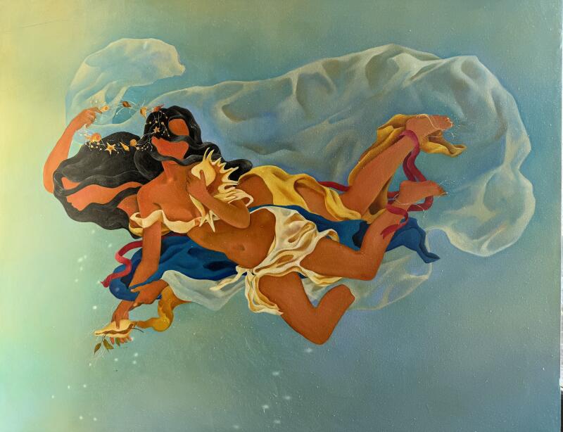 На картине изображена парящая женская фигура с темными волосами, украшенными звездами и ракушками, в синей, желтой и белой ткани на светло-голубом фоне.