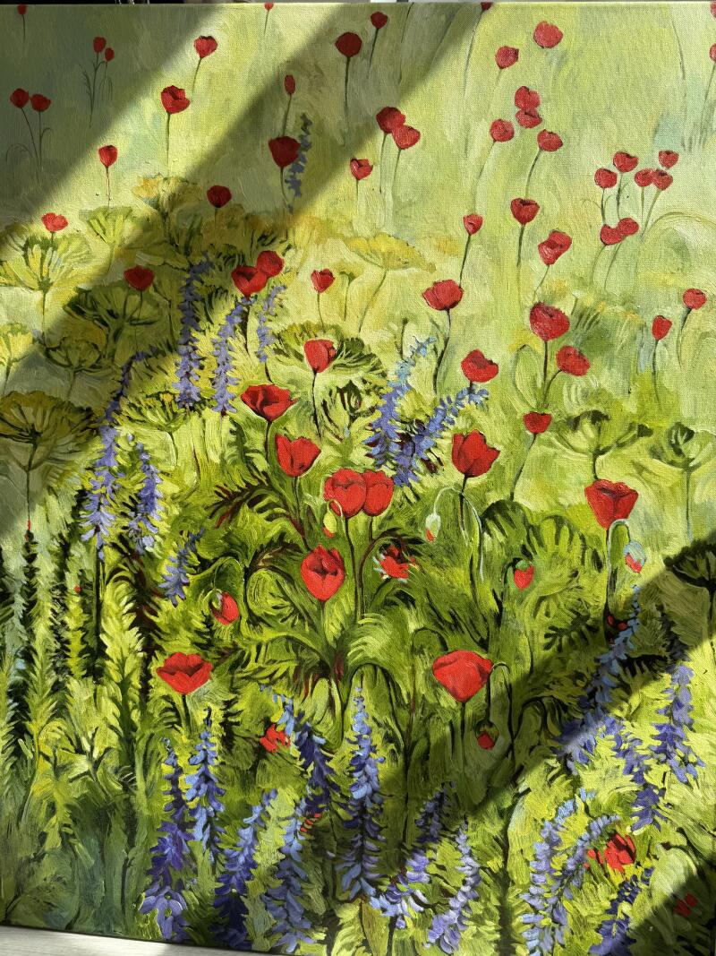 Картина поля с красными маками и фиолетовыми цветами на светло-зеленом фоне, видны тени.