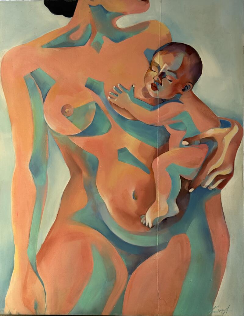На картине маслом изображена обнаженная женщина, держащая ребенка, фигуры выполнены в оттенках персикового, оранжевого и бирюзового.