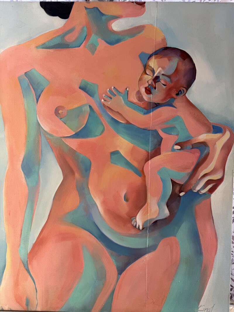 На картине изображена обнаженная мать, держащая на руках спящего ребенка, выполненная в персиковых и бирюзовых тонах.