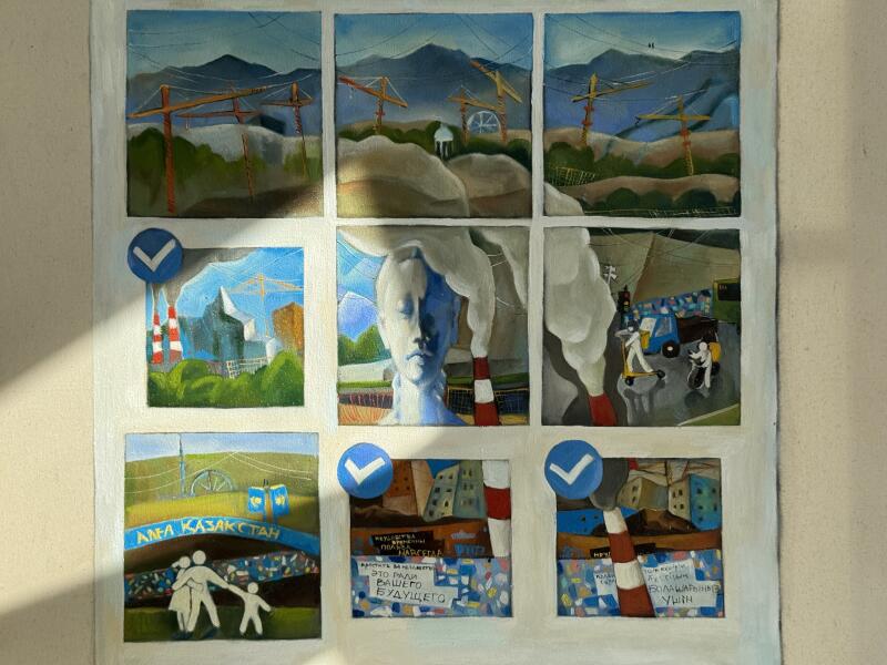 A nine-panel painting depicts industrial landscapes with construction cranes and factories emitting smoke, alongside scenes of urban life and a family walking. Some panels feature blue checkmarks. Visible text includes "АЛҒА ҚАЗАҚСТАН" (Forward Kazakhstan), "ОЧИСТИТЬ ВОЗДУХ", "ПРОЧИСТИТЬ ПЛАНЕТУ", "ЭТО РАДИ ВАШЕГО БУДУЩЕГО" (Clean the air, Clean the planet, This is for your future), and "БОЛАШАҒЫҢ ҮШІН" (For your future).