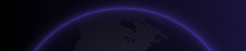 A dark, low-angle shot shows a globe-like shape with a purple glowing edge and a dotted pattern resembling continents.