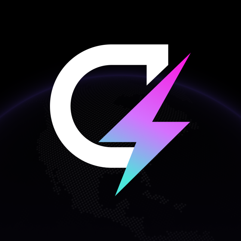 The image features a white, stylized letter 'C' intersected by a gradient lightning bolt, transitioning from purple to blue, set against a dark background with a subtle, dotted world map pattern.