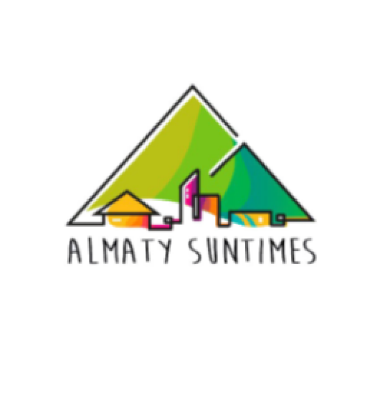 The image features a logo with a mountain outline filled with green hues, stylized buildings in various colors, and the text "ALMATY SUNTIMES" underneath.