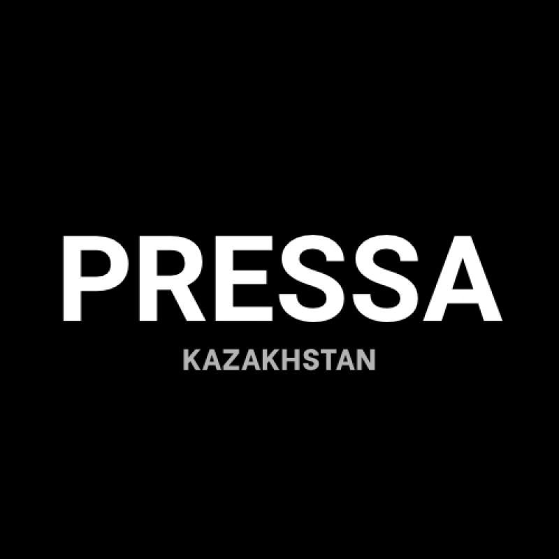The image displays the word “PRESSA” in large, white, bold letters above the word “KAZAKHSTAN” in smaller, gray letters against a black background.