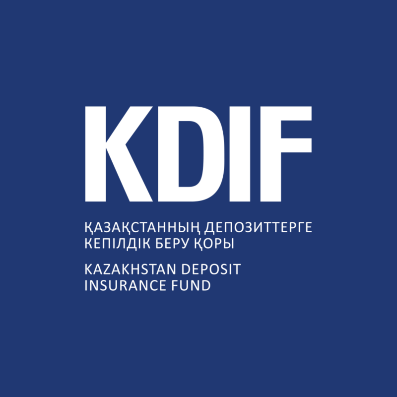 The image features the logo of the Kazakhstan Deposit Insurance Fund (KDIF) in white text against a dark blue background. The logo includes the abbreviation "KDIF" in large letters, followed by the full name of the organization in Kazakh and English.