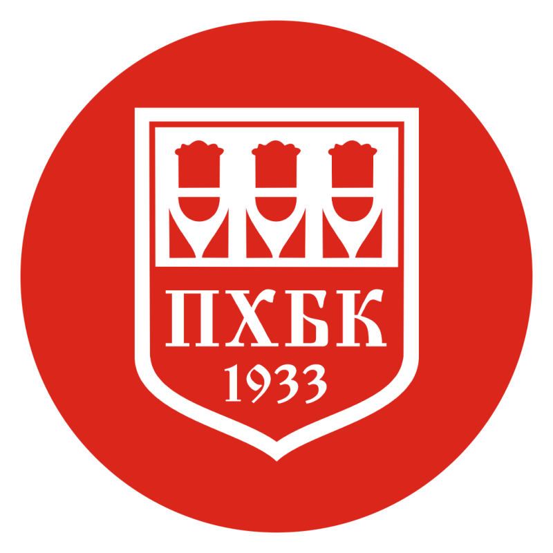 The image is a red circle with a white emblem inside, featuring three stylized shapes above the text "ПХБК 1933".