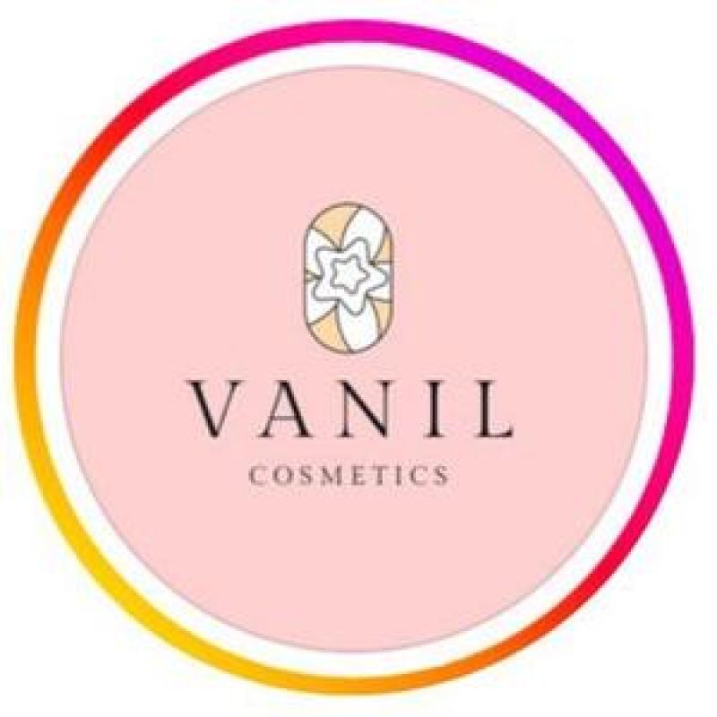 A circular logo with a pink background and a gradient border of pink, red, orange, and yellow. It features a small oval icon with a star pattern, and the text "VANIL" above "COSMETICS" in black letters.
