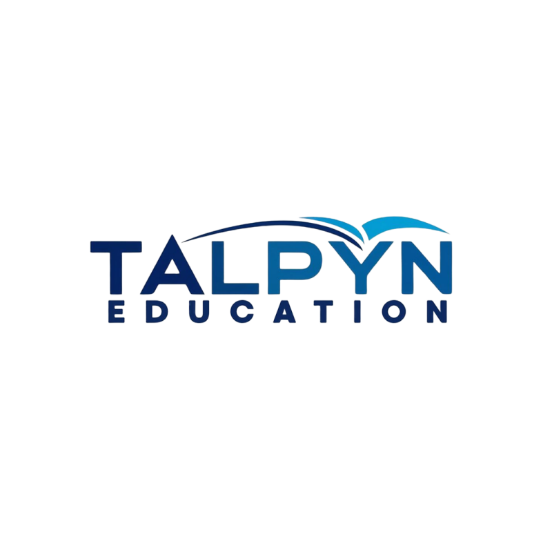 The image shows the logo for "TALPYN EDUCATION" in blue, with the word "TALPYN" above "EDUCATION" and a stylized open book graphic above the "Y" in "TALPYN".