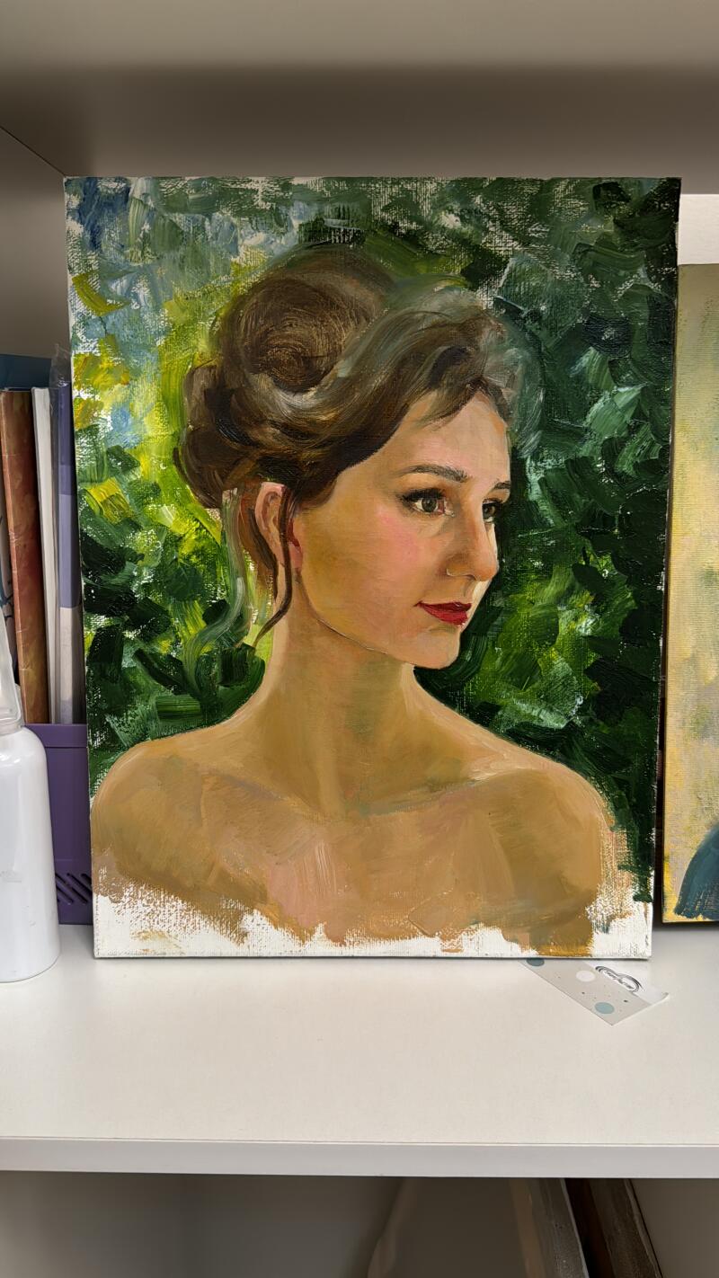 An oil painting depicts a woman with auburn hair styled in a bun, set against a green and yellow foliage background.