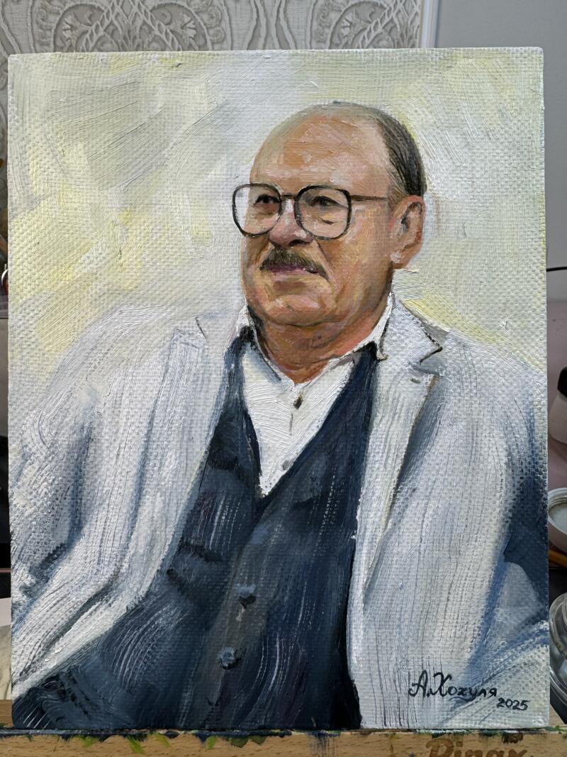 An oil painting shows a man with glasses and a mustache wearing a white jacket over a blue vest; the painting is signed "A. Xozyun, 2025."