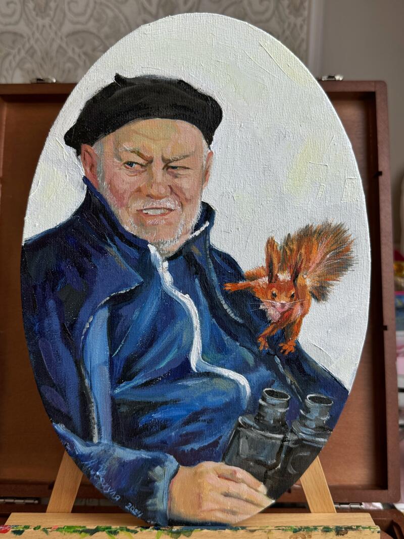 A painting features a man in a black beret and blue jacket, winking, with a squirrel perched on his shoulder and holding binoculars, against a white background.