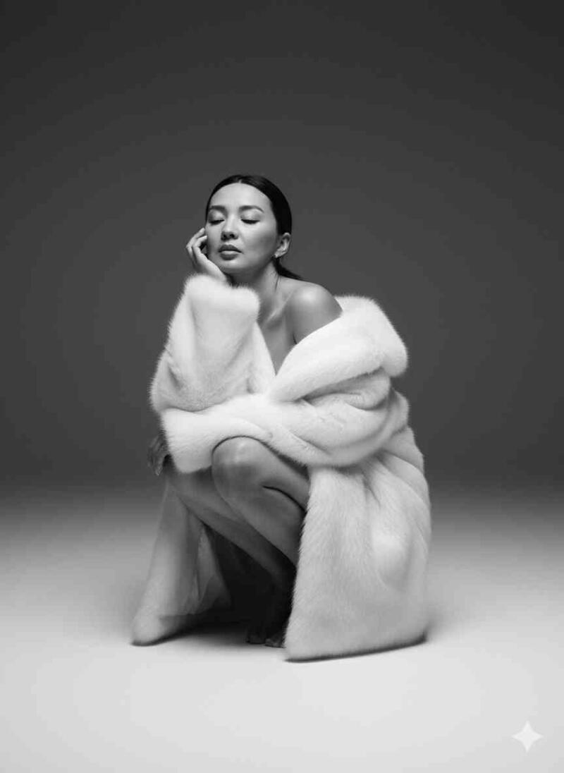 A grayscale portrait of a woman squatting and wearing a fur coat, with her eyes closed and her head resting on her hand.
