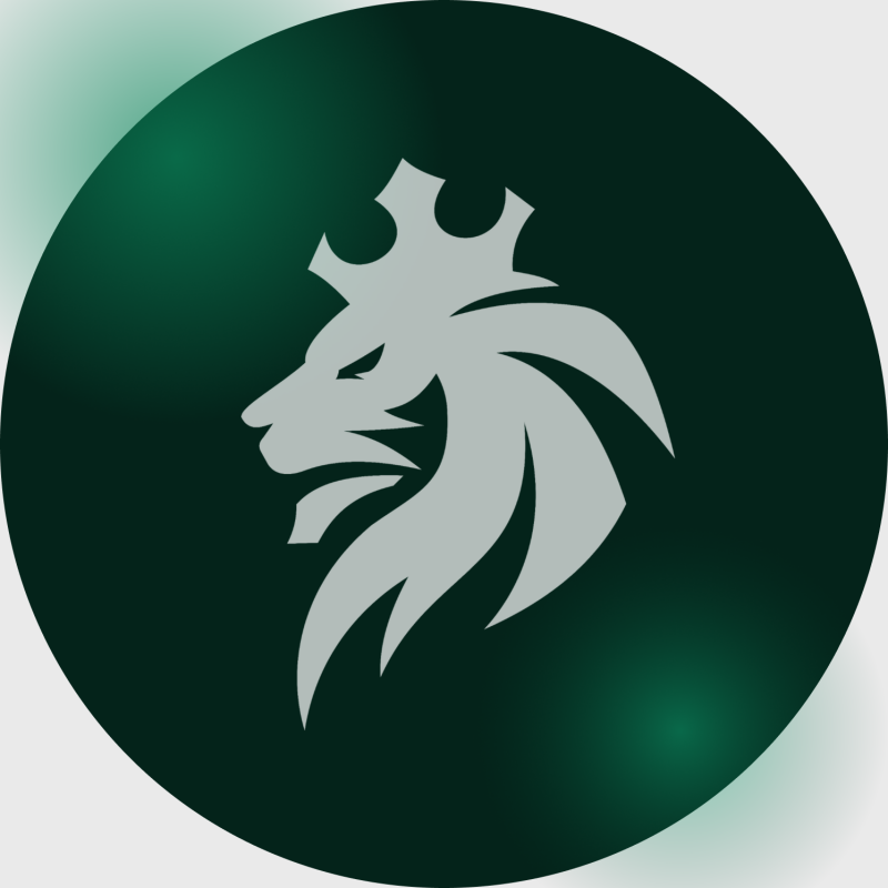 The image shows a grey stylized lion head with a crown on a dark green gradient circle.