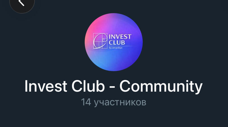 The image shows the "Invest Club - Community" group with a pink and blue gradient circle logo and the text "14 участников".