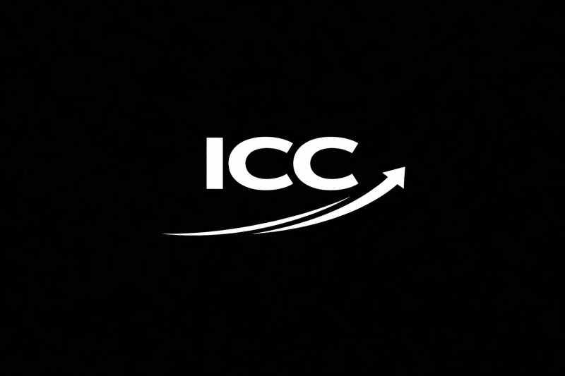 The image displays the letters 'ICC' in white, with a curved arrow pointing upwards to the right, also in white, set against a black background.