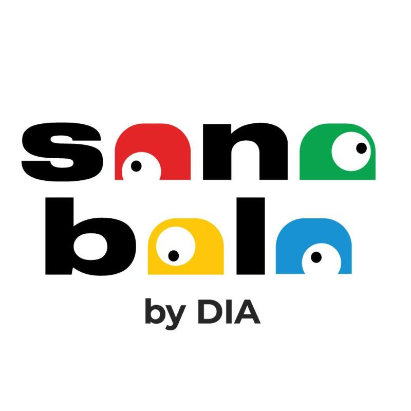 The image features the "Sana Bola by DIA" logo, with the letters 's', 'n', 'b', and 'a' in black and the letters 'o' and 'l' in red, green, yellow, and blue, each containing a white circle with a black dot.