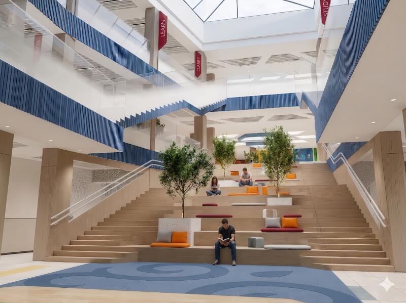 The interior of a modern building features a wide staircase with built-in seating areas where people are relaxing and reading, and banners with the words "LEARN," "CLARITY," and "STUDY" hang from the ceiling.