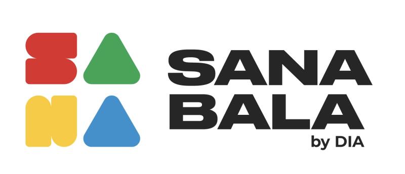 The image features the logo for SANA BALA by DIA, with 'SANA' spelled out using a red rounded square, a yellow rounded N, and a green triangle. 'BALA' is spelled out using a blue triangle, followed by the text 'SANA BALA' in bold black letters and the smaller text 'by DIA'.