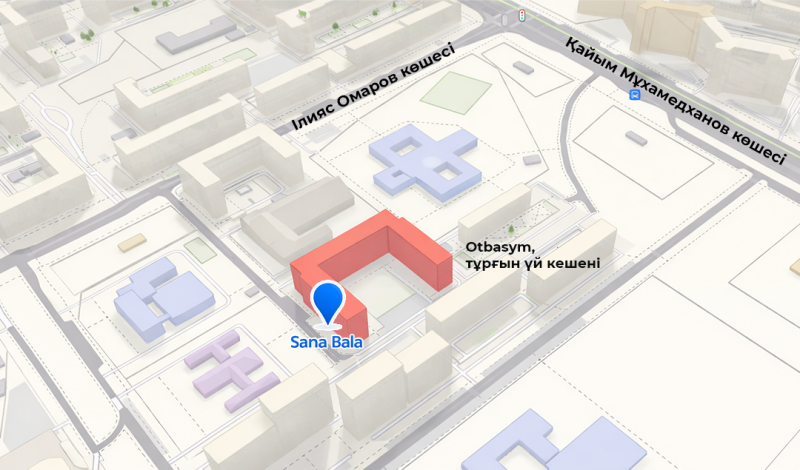 The image shows a map with buildings and street names, including "Iliyas Omarov koshesi" and "Khaiym Mukhamedkhanov koshesi." A blue pin marks a location labeled "Sana Bala" near a red building complex named "Otbasym, tұrǵyn úı kesheni."