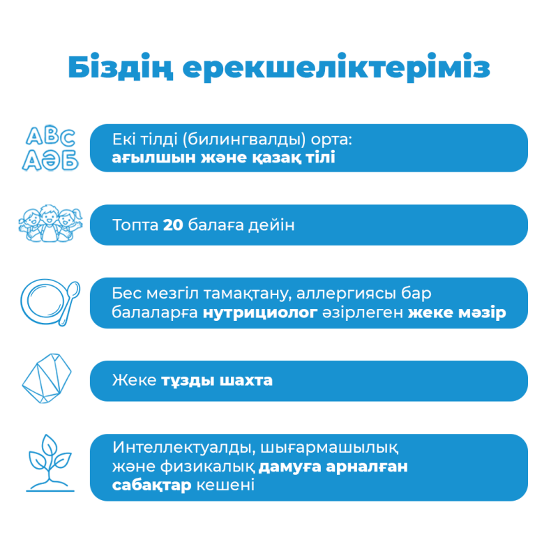 The image lists features in blue text, including a bilingual environment in English and Kazakh, a maximum of 20 children per group, a nutritionist-designed menu for children with allergies, a private salt mine, and a range of classes for intellectual, creative, and physical development.