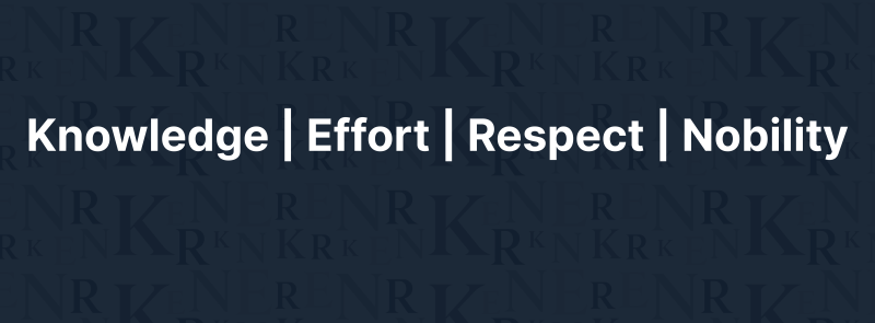 The image shows the text "Knowledge | Effort | Respect | Nobility" in white color against a dark blue background with a repeating pattern of the letters N, R, and K.