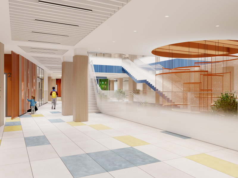 The interior shows a modern building lobby with tiled floors and a staircase, featuring a child near lockers and another person walking in the distance.