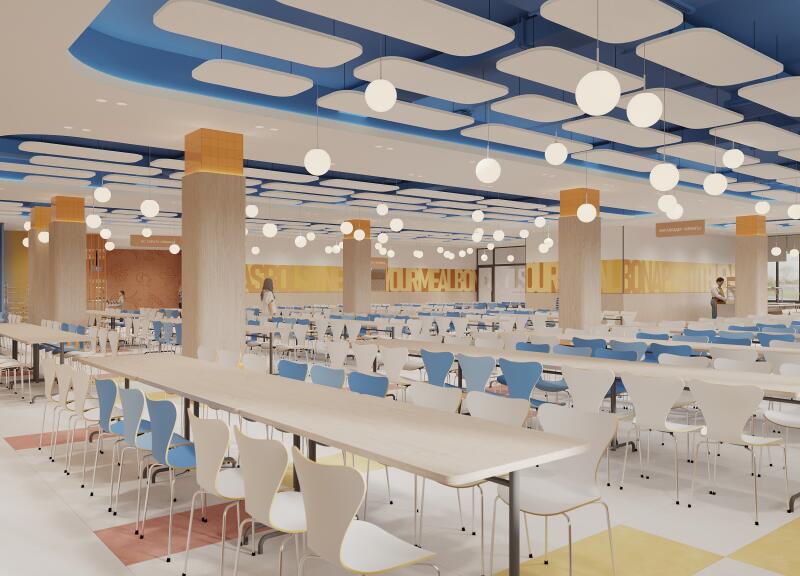 The image shows a spacious cafeteria with long tables and chairs, illuminated by numerous spherical pendant lights hanging from a ceiling decorated with rectangular white panels and a blue border. The cafeteria features large columns with orange tops, and in the background, there are signs with the words "YOUR MEAL" and "YOUR".