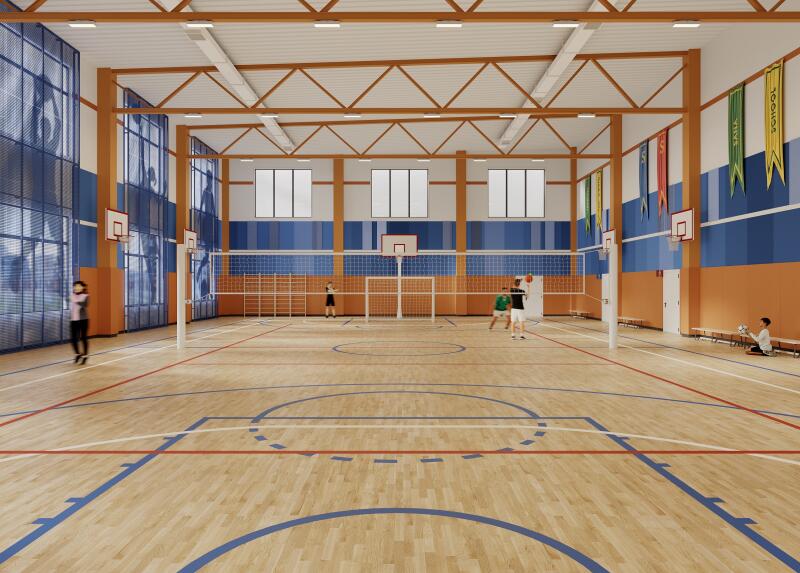 The image shows an indoor gymnasium with a wooden floor marked with blue and red lines for sports such as basketball, volleyball, and soccer; people are playing volleyball and sitting on benches.